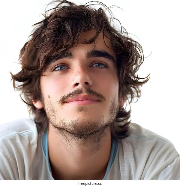 Portrait of a young man with curly hair and mustache