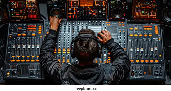 Sound engineer in front of a large audio mixing console