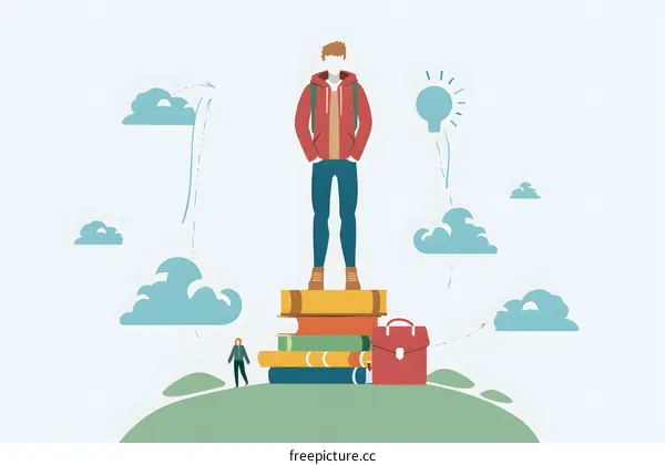 Man Standing on Books with a Light Bulb and Clouds