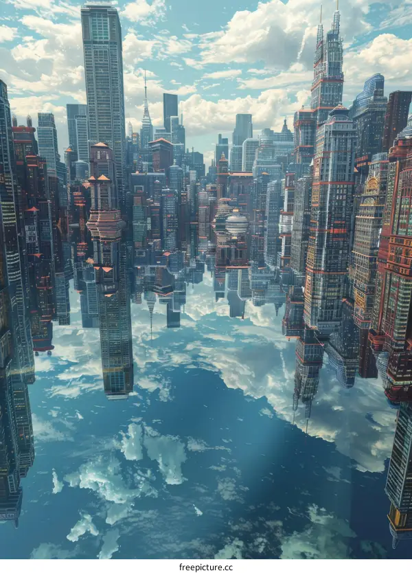 Futuristic Metropolis with Blue Skies and Towering Skyscrapers