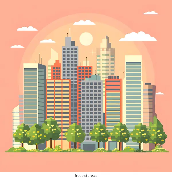 Modern City Skyline Illustration with Sun and Clouds