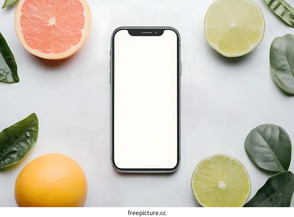 Smartphone Mockup with Citrus Fruits and Green Leaves