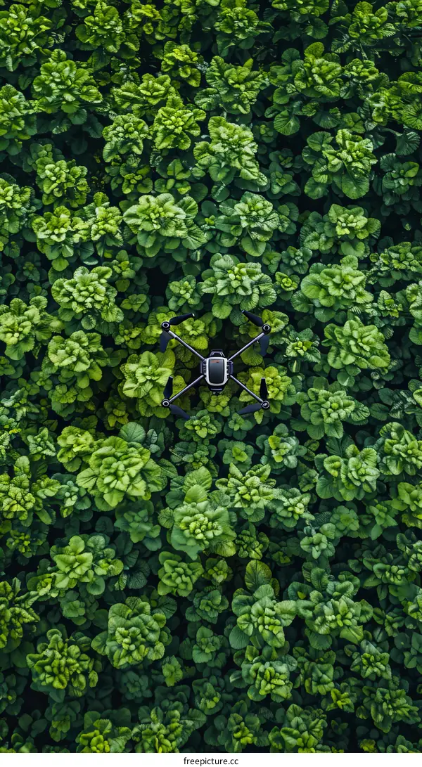 Black drone flying above the green plants