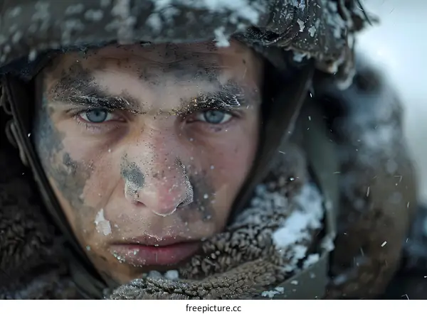 Portrait of a soldier in the snow