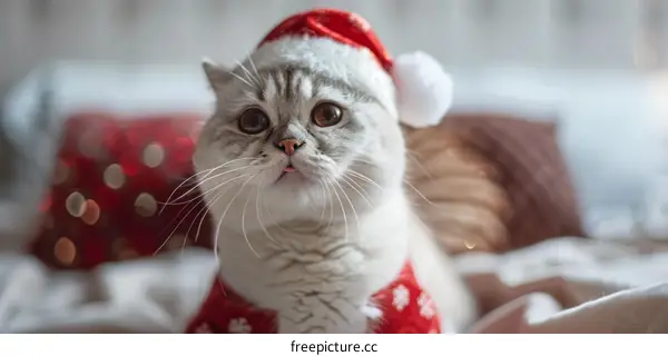 A cute cat wearing a Santa hat is sitting on a bed.