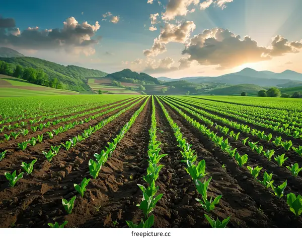 Vibrant Green Tobacco Field Under Blue Sky with Rolling Green Hills