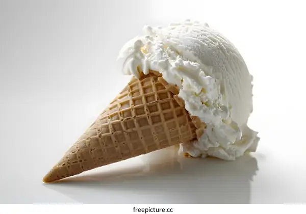 A single scoop of vanilla ice cream in a waffle cone.
