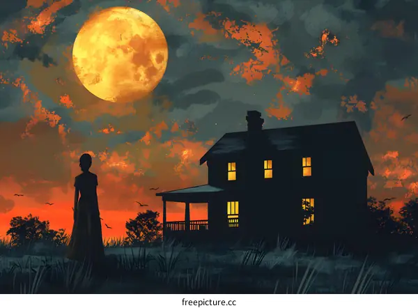 Silhouette of a Woman Standing in Front of a House with a Full Moon
