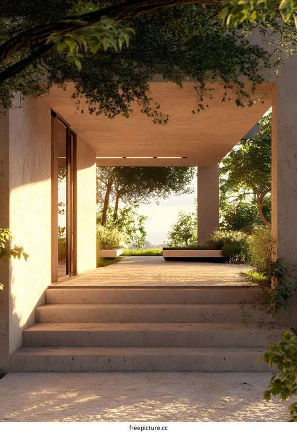 Modern Minimalist House Entrance with Concrete Steps and Lush Greenery