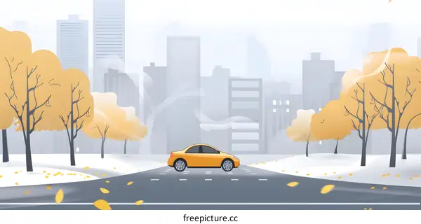 Autumn Cityscape with Yellow Car on Snowy Road