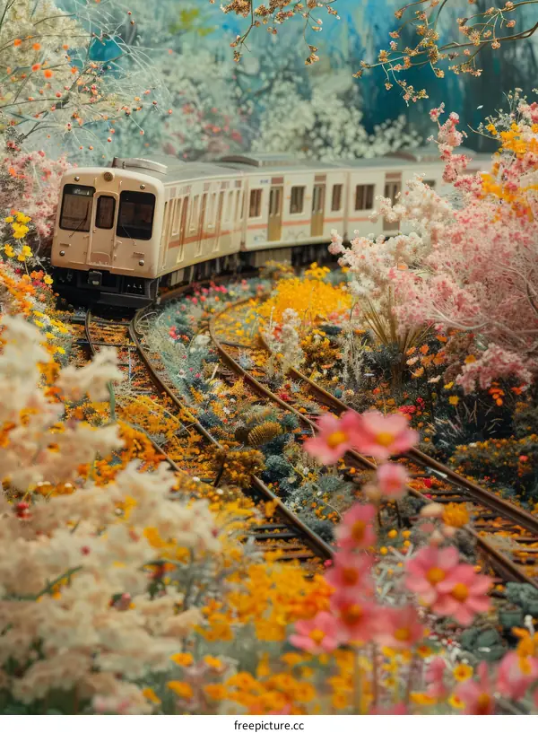 A model train runs through a field of flowers