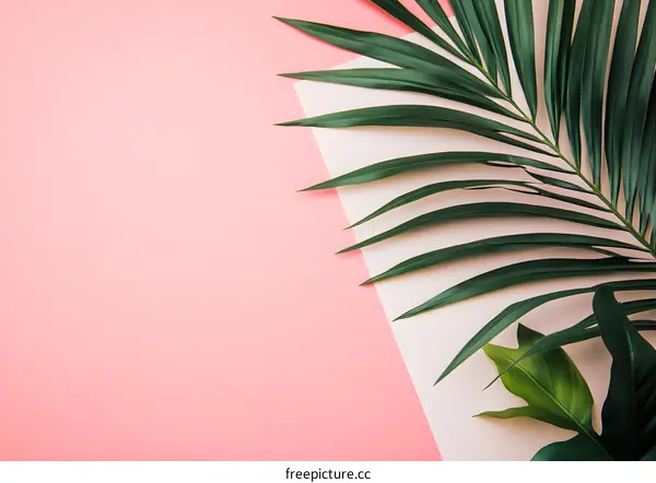 Green Palm Leaves on Pink and White Background