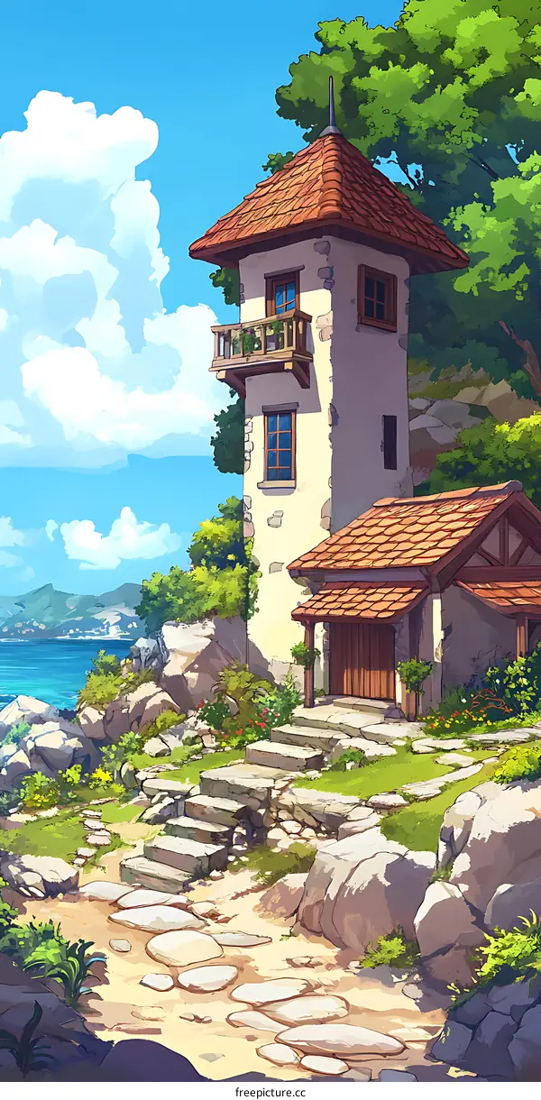 Coastal Stone House With Stairs and Green Vegetation