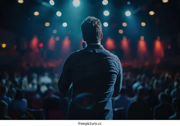Man standing on stage giving a speech in front of a large audience