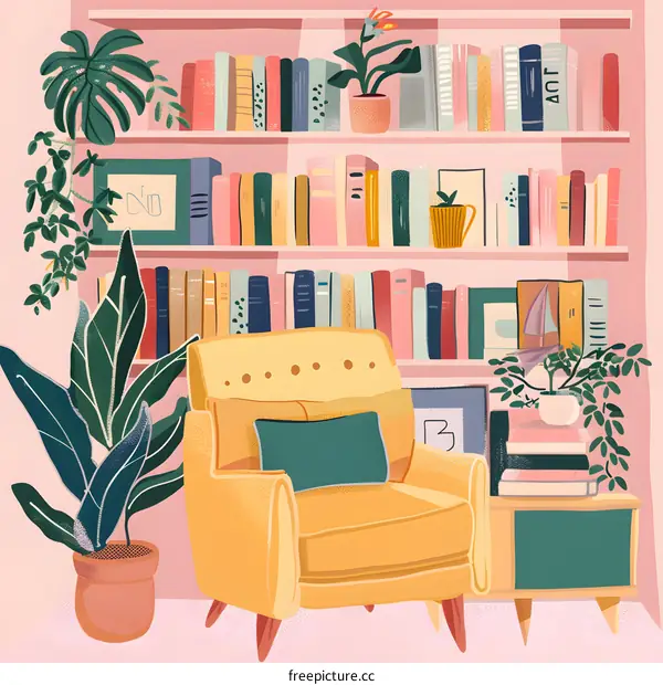 Yellow Armchair in a Cozy Reading Room with Bookshelves and Plants