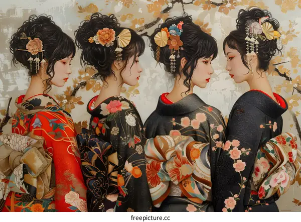 Four Asian women in traditional Japanese kimono with floral patterns and hair accessories