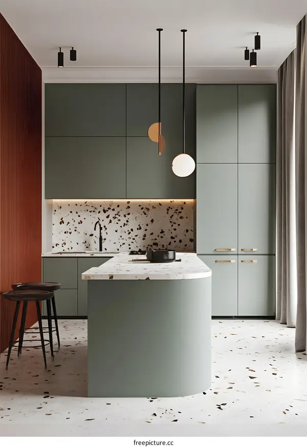 Modern Kitchen Interior Design with Green Cabinets and Terrazzo Floor