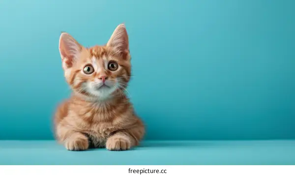 A ginger kitten sits on a blue background
