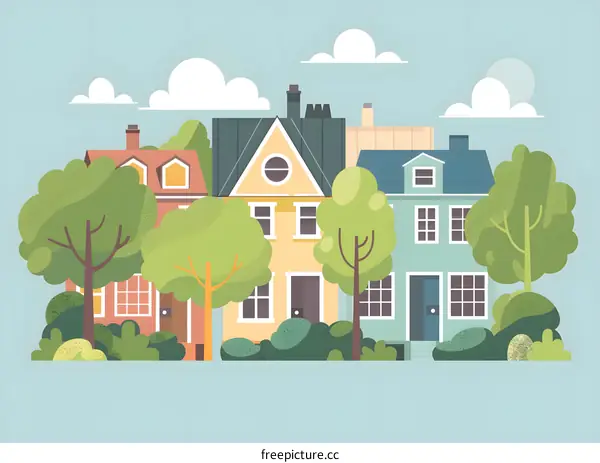 Colorful Cartoon Illustration Of A Row Of Houses With Green Trees And Clouds
