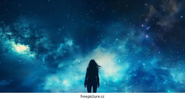 girl standing alone in the middle of a beautiful landscape looking up at the starry night sky