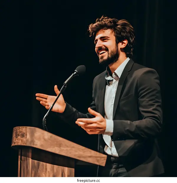 Smiling Man Giving a Speech at a Podium