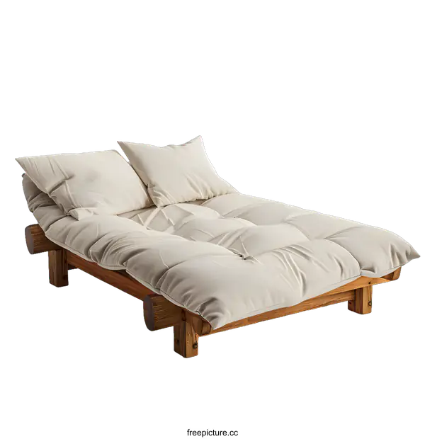 [Transparent Background PNG]Wooden Futon Bed with Cushions and Pillows