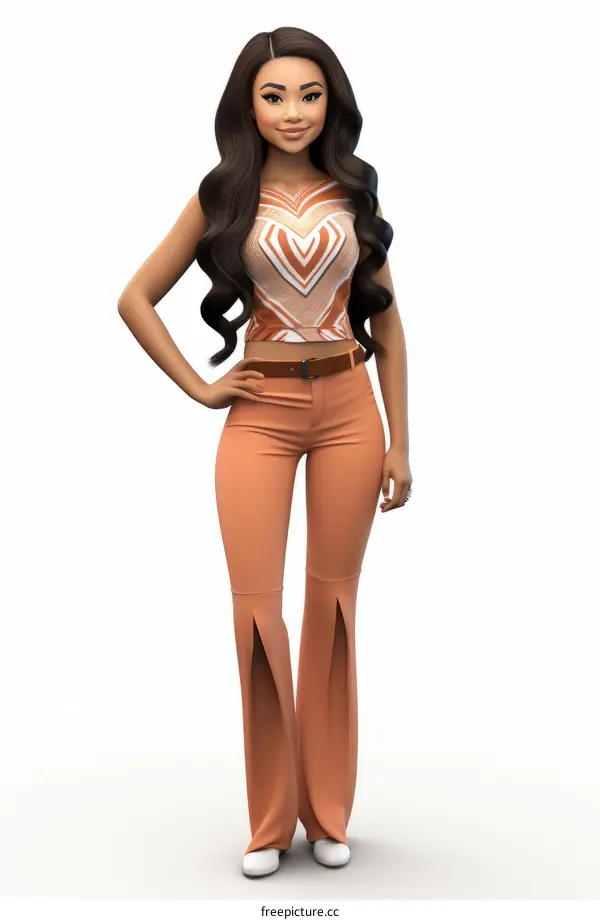 A photo of a young woman with long brown hair wearing an orange two-piece outfit