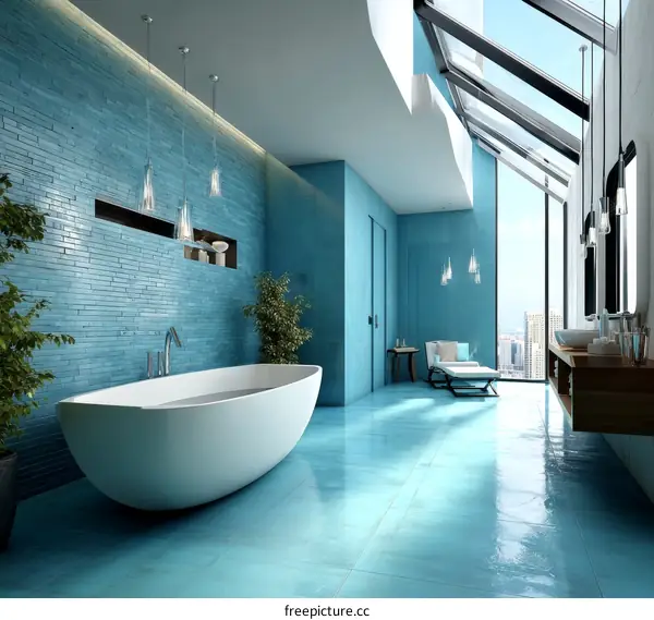 Modern Turquoise Bathroom Design with Skylights