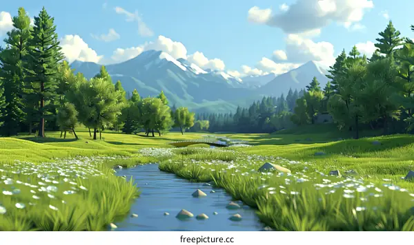 Lush Green Valley with Snow-Capped Mountains and a Winding River