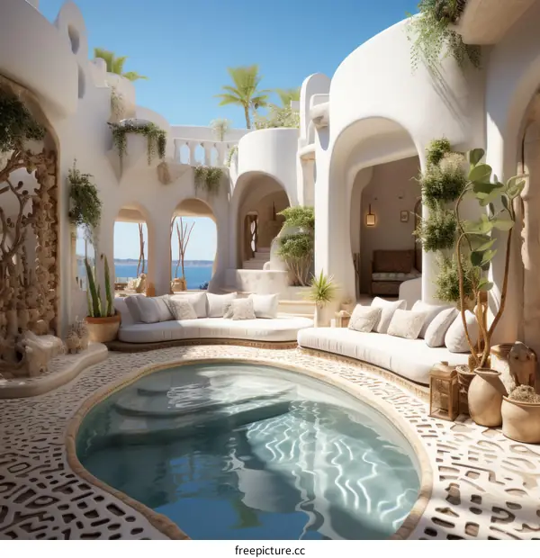 Mediterranean Villa Courtyard with Pool and Relaxing Seating