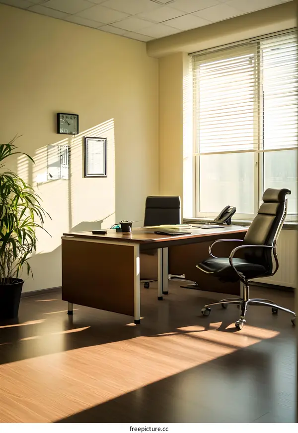 Modern Office Interior Design With Wooden Desk and Black Leather Chairs