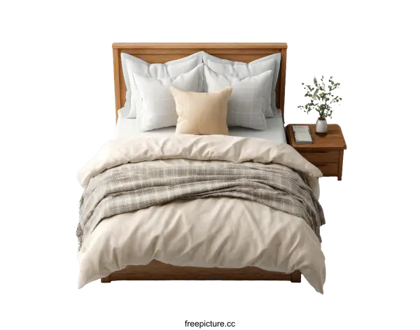 [Transparent Background PNG]Wooden Bed with Beige Bedding and Accessories