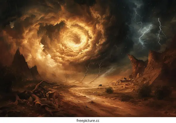 Fantasy landscape painting of a lone wolf walking through a barren post apocalyptic wasteland with a large tornado in the background