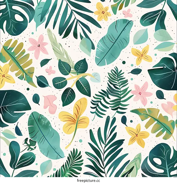 Tropical Leaves and Flowers Seamless Pattern