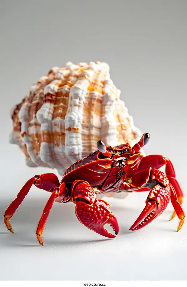 Red crab with seashell on white background