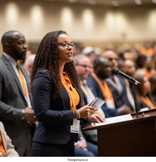 Black woman speaking at a conference
