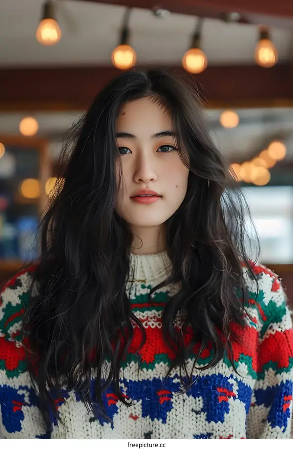 Close Up Portrait of Asian Woman Wearing Festive Knit Sweater