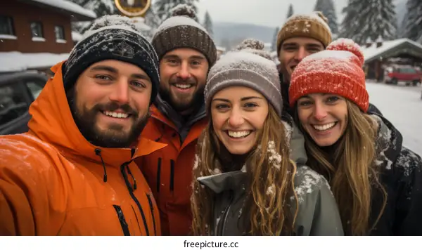 A group of five friends wearing winter clothes and smiling at the camera