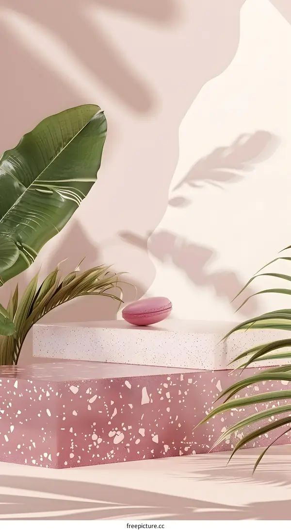 Pink Terrazzo Platform With Palm Leaves and Macaron