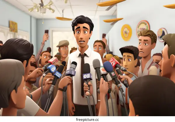 A Man Being Interviewed by a Group of Reporters