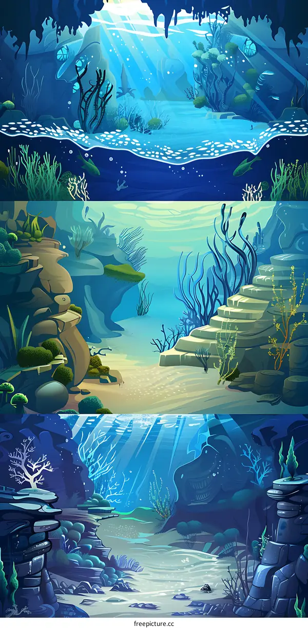 Underwater Scene with Coral Reef and Sunbeams