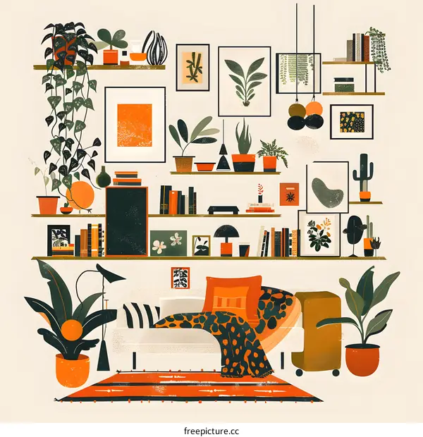 Modern Living Room with Plants and Books