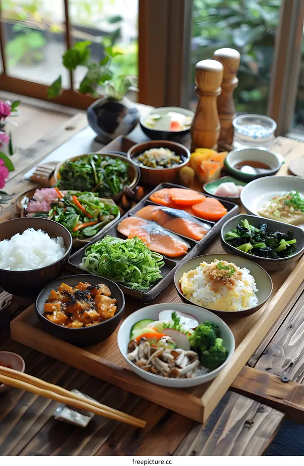 Japanese Breakfast Table Setting with Salmon, Rice, and Vegetables