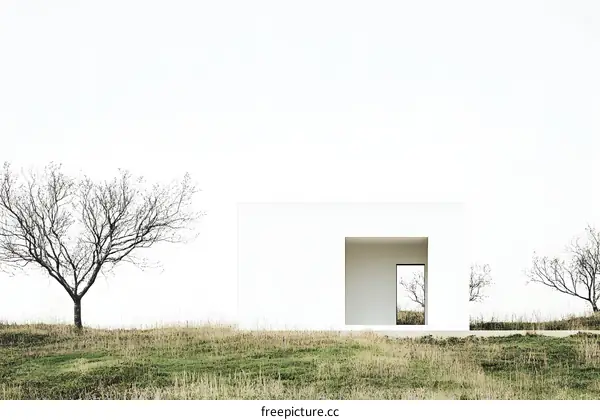 Minimalist White House with Open Doorway in a Field