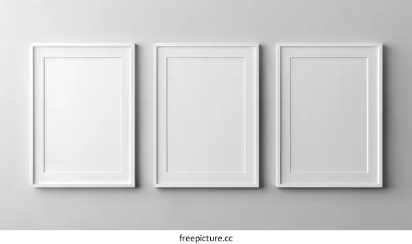 Three white frames hanging on a white wall