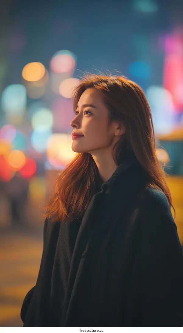 Asian Woman at Night Cityscape in Stylish Coat