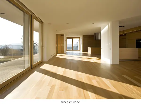 Modern Home Interior Design with Wooden Floor and Large Windows