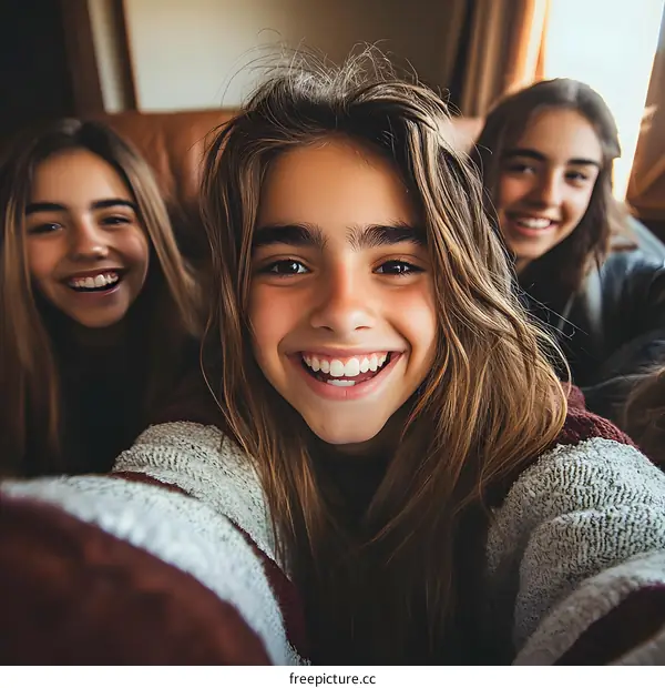 Three Young Women Taking Selfie Portrait in Living Room
