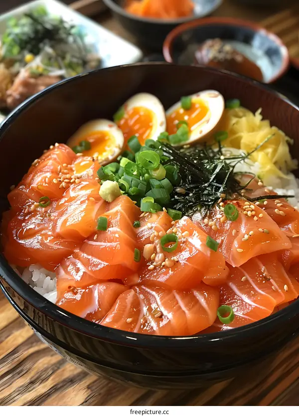 Salmon Rice Bowl with Egg and Vegetables