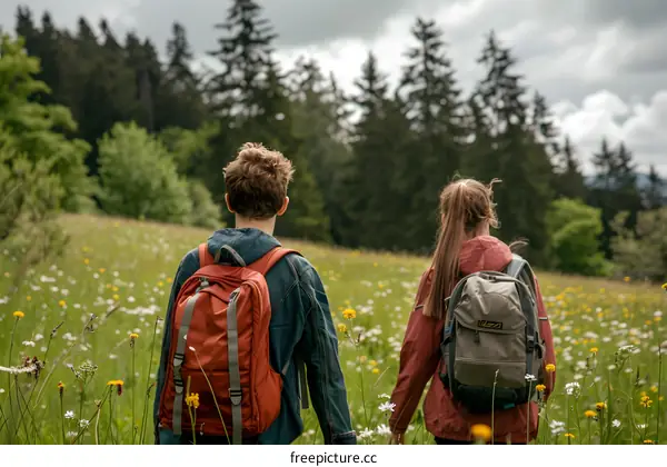 Couple Hiking Through Field of Flowers in the Mountains